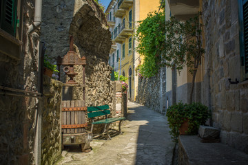 Fototapeta na wymiar Horizontal View of a Street inside Corniglia, in the Italian National Park of the Cinque Terre.