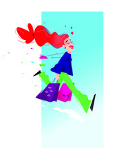 Illustration of a cute girl with shopping. Vector illustration. A cute red-haired girl is running with packages. Image is isolated on white background. Flat illustration for print and website.
