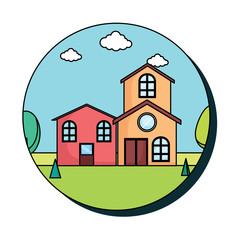 Frame in circle shape with traditional houses in a landscape over white background, colorful design. vector illustration