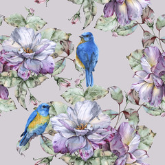 Background with roses and blue birds. Seamless pattern.