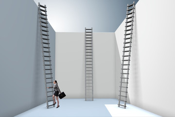 Businesswoman climbing a ladder to escape from problems