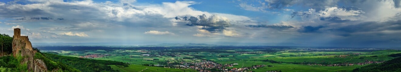 Wide panoramic aerial view of Alsace, Ribeauville. Green valley.