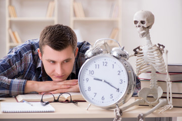 Student and skeleton preparing for school exams