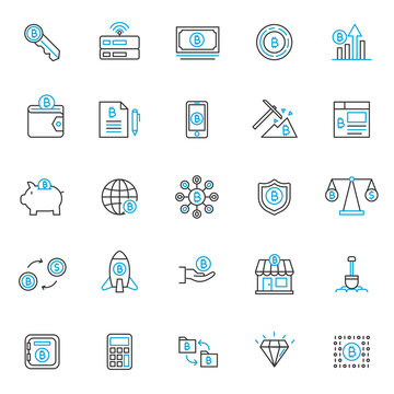 set of blockchain tecnology icons, with simple thin line style, use for business web icon, analyst, bitcoin, business, cryption, digital business, marketing, e money. 