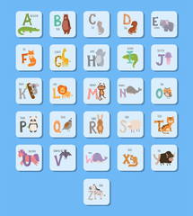 Cute zoo alphabet with cartoon animals funny letters wildlife learn typography font language vector illustration.