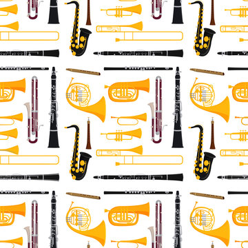 Wind musical instruments tools acoustic musician equipment orchestra seamless pattern background vector illustration