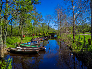 Obraz premium Small boats lying in a creek of Killarney National Park in Ireland