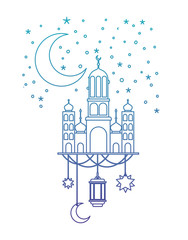 arabic castle with moon and decoration hanging in the night vector illustration