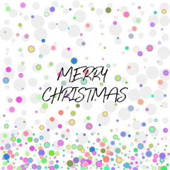 Merry Christmas illustration with random, chaotic, scattered colorful circles with calligraphic text on white background.