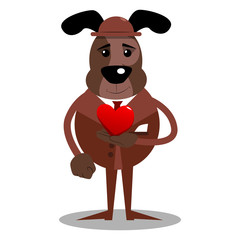 Cartoon illustrated business dog holding red heart in his hand.