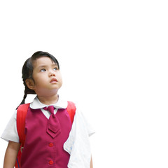 Asian children or kid girl student wear school uniform thinking new idea and back to school or kindergarten for study or learning education with looking ahead for future or miss on white clipping path