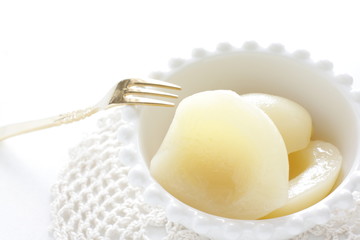 Canned food, peach on bowl for dessert image