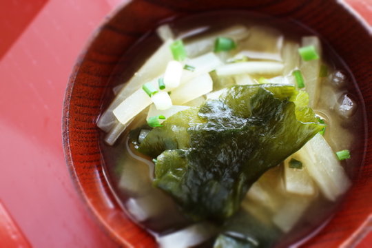 Japanese food, radish and seaweed miso soup