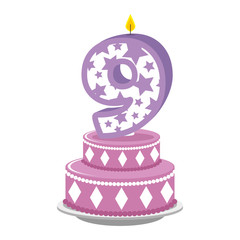 cute number nine candle with sweet cake vector illustration design