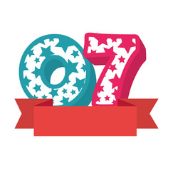 cute number seven candle with ribbon frame vector illustration design