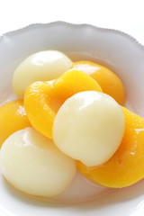 Canned food, yellow and white peach 