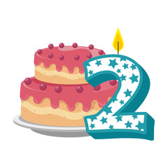 cute number two candle with sweet cake vector illustration design