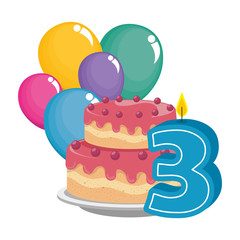 number three candle with cake and balloons helium vector illustration design
