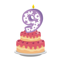 cute number nine candle with sweet cake vector illustration design
