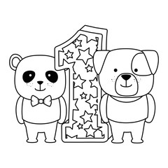 cute number one with bear panda and dog characters vector illustration design