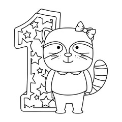 cute number one with cute raccoon vector illustration design