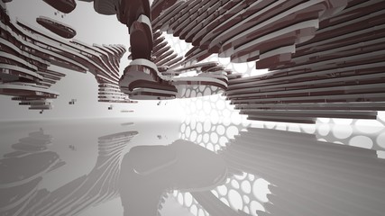 Abstract white and brown interior multilevel public space with window. 3D illustration and rendering.