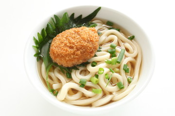 Japanese food, croquette on Udon noodles with shiso herbal