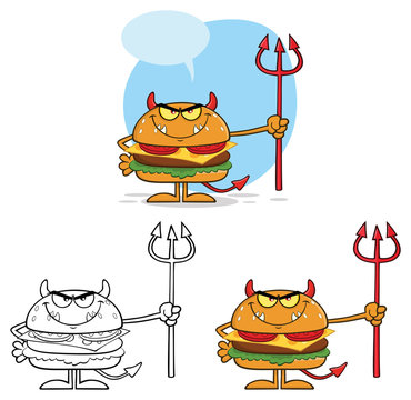 Devil Burger Cartoon Character Holding A Trident. Vector Collection Set Isolated On White Background