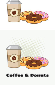 Cup Of Coffee With Donuts Graphic Design. Vector Collection Isolated On White Background