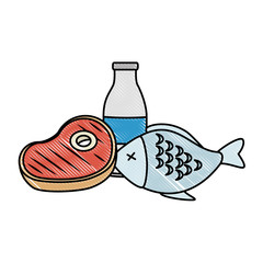 delicious fish meat with steak and milk vector illustration design