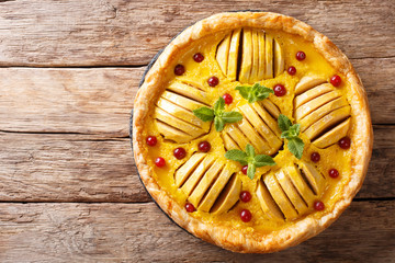Freshly baked apple pie with cranberries, custard and mint closeup. horizontal top view from above