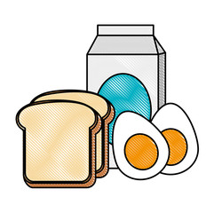 delicious boiled eggs with bread and milk vector illustration design