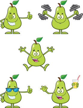 Pear Fruit With Green Leaf Cartoon Mascot Character Set 5. Collection Isolated On White Background