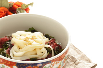 Japanese food, seaweed and agar salad on Kishimen udon noodles