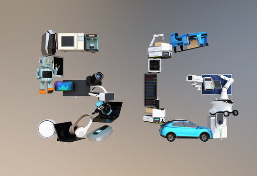 Smart appliances, drone, autonomous vehicle and robot arranged in '5G' text. 5G concept. 3D rendering image.
