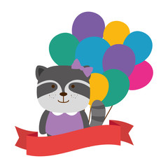 cute raccoon witth balloons helium character icon vector illustration design