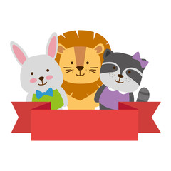 cute animals with ribbon characters vector illustration design