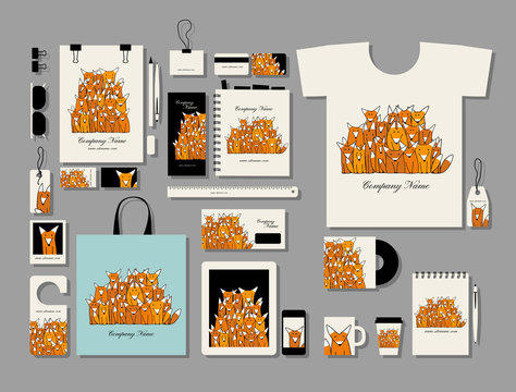 Corporate flat mock-up template, funny fox family