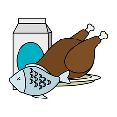 chicken and fish meat with milk box vector illustration design