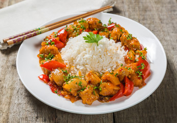 Pork in sweet and sour sauce. A dish of Chinese national cuisine. 