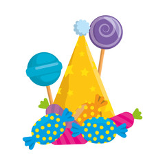 sweets lollipops and candies with party hat vector illustration design