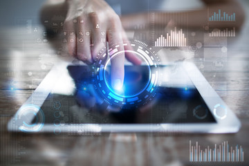 Internet, Business and technology concept. Icons, diagrams and graphs background on virtual screen.