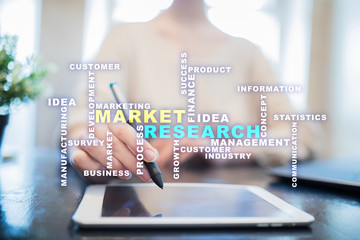 Market research words cloud on the virtual screen.