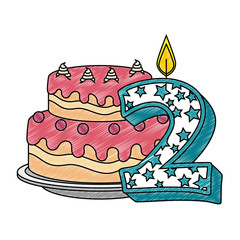 cute number two candle with sweet cake vector illustration design