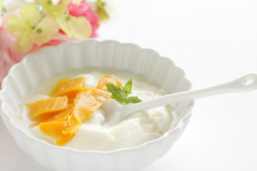 dried mango and mint on yogurt