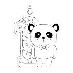 cute number one candle with cute panda bear vector illustration design