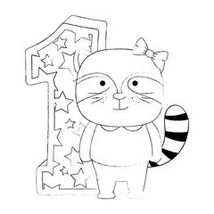 cute number one with cute raccoon vector illustration design