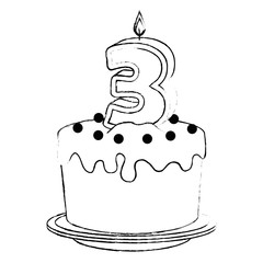 cute number three candle with sweet cake vector illustration design