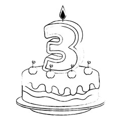 cute number three candle with sweet cake vector illustration design