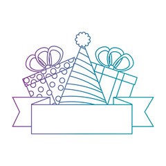 gifts boxes presents with hat party and ribbon vector illustration design